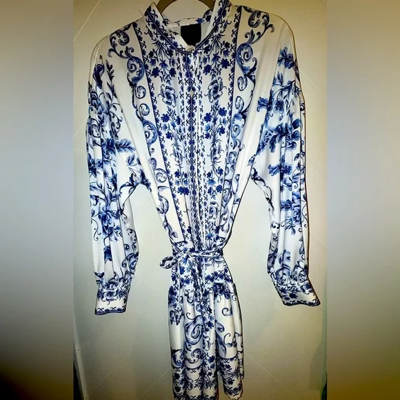 Alex Marie Wren Flor Blue Chinoiserie Scroll Mini Dress tie belt size 8 medium - Picture 3 of 12